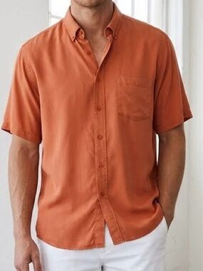Bugatchi Uomo Mens Large Burnt Orange 100% Tencel Short Sleeve Button Down Shirt
